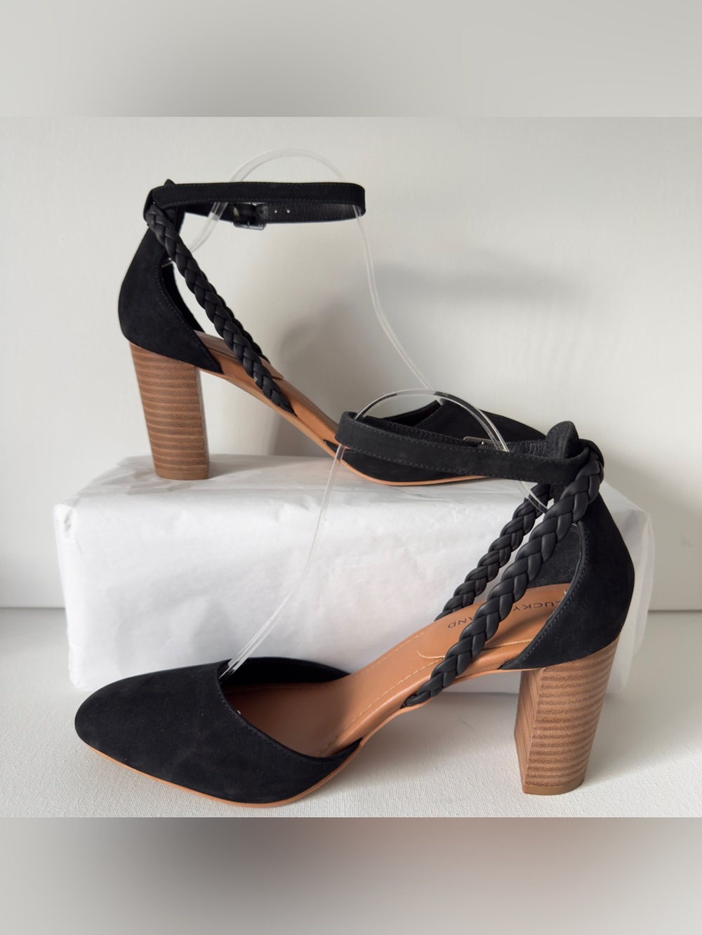 Lucky Brand Black Braided Suede Ankle-Strap Block Heel Pumps size 10